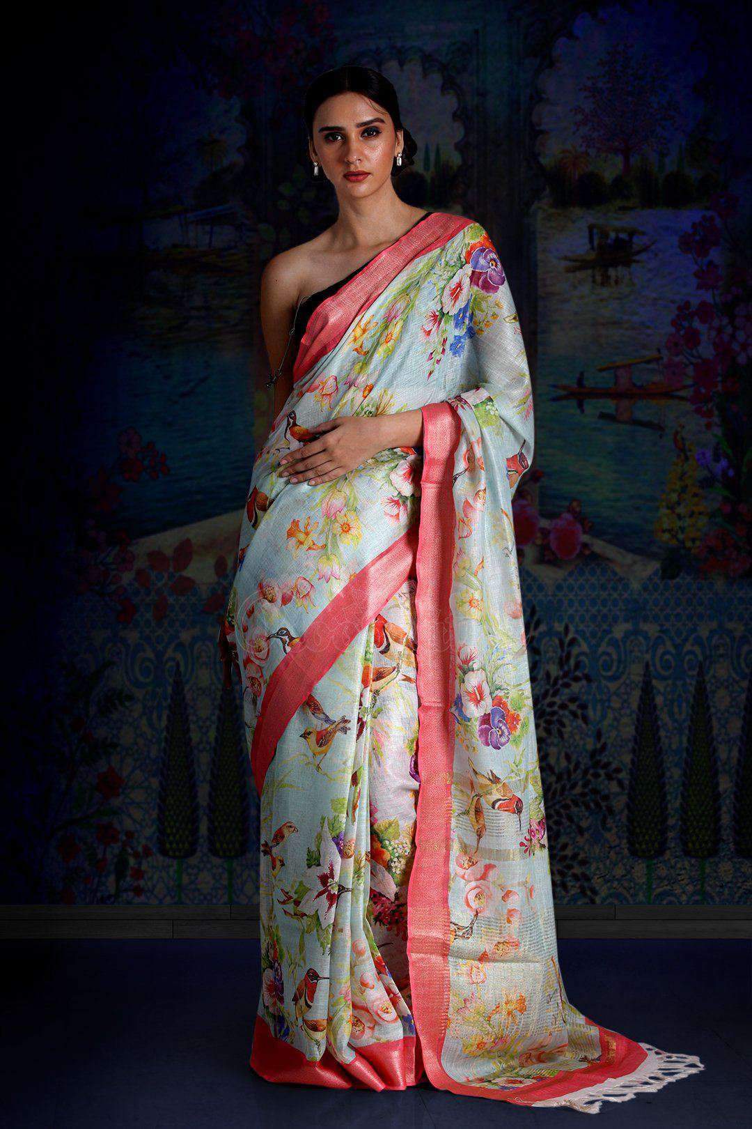 Ice Blue Digital Printed Linen Saree With Zari Border & Pallu Earthen Collection Roopkatha - A Story of Art 