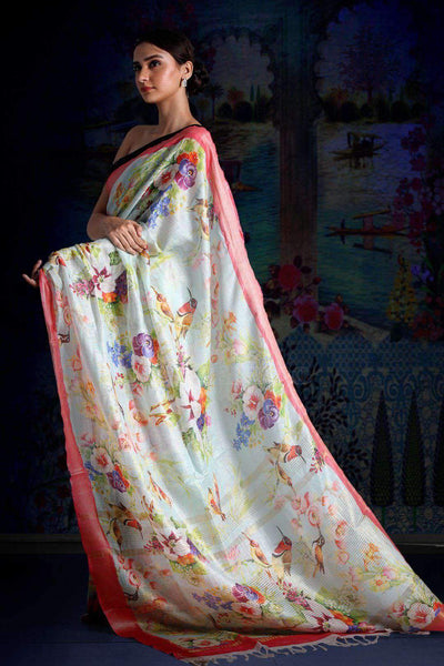 Ice Blue Digital Printed Linen Saree With Zari Border & Pallu Earthen Collection Roopkatha - A Story of Art 