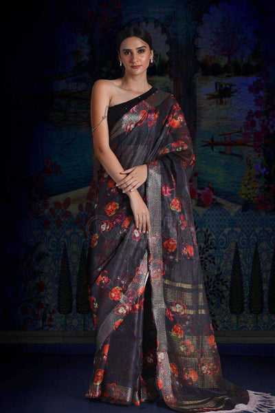 Charcoal Digital Printed Linen Saree With Zari Border & Pallu Earthen Collection Roopkatha - A Story of Art 