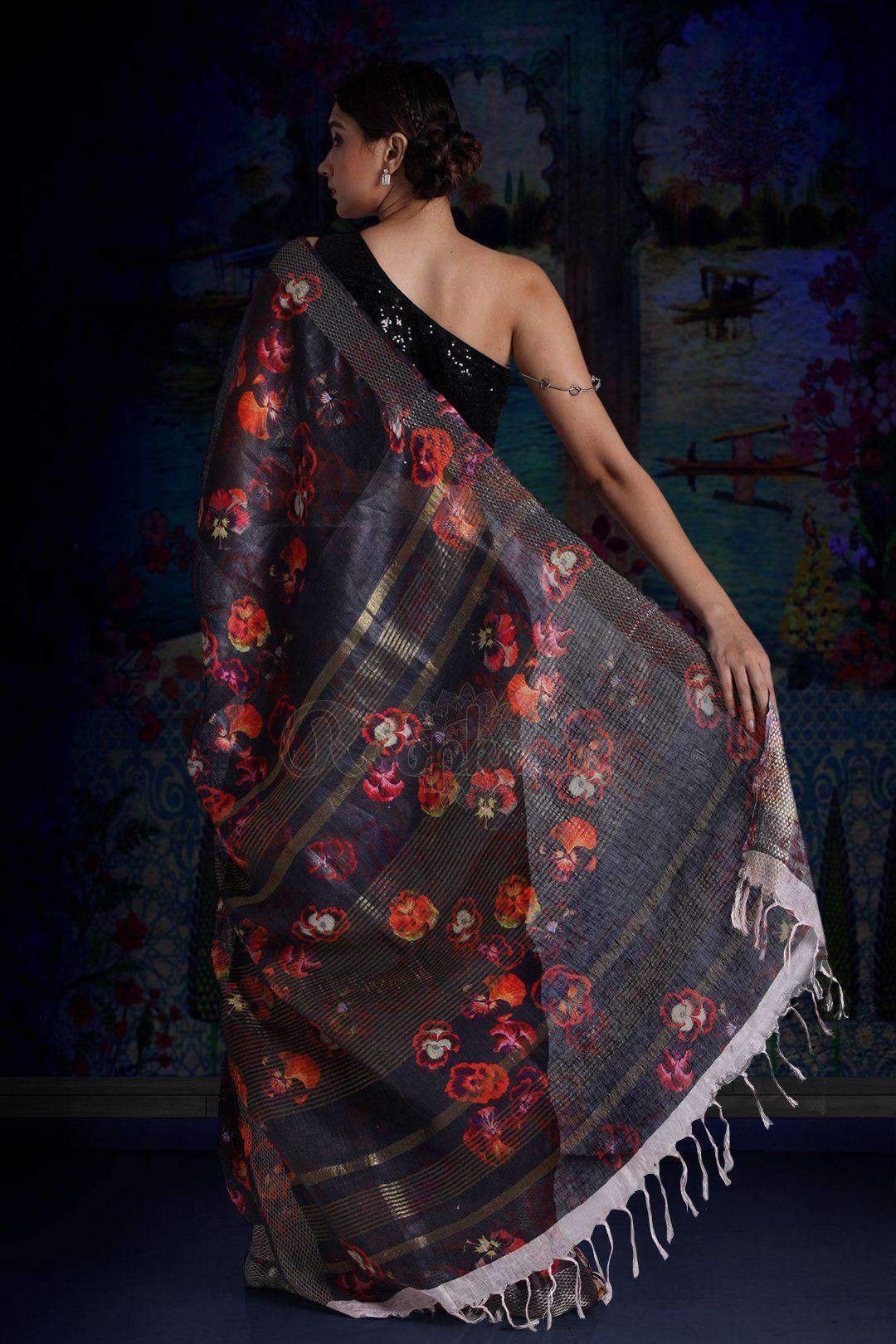 Charcoal Digital Printed Linen Saree With Zari Border & Pallu Earthen Collection Roopkatha - A Story of Art 