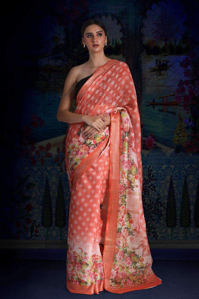 Coral Digital Printed Linen Saree With Zari Border & Pallu Earthen Collection Roopkatha - A Story of Art 