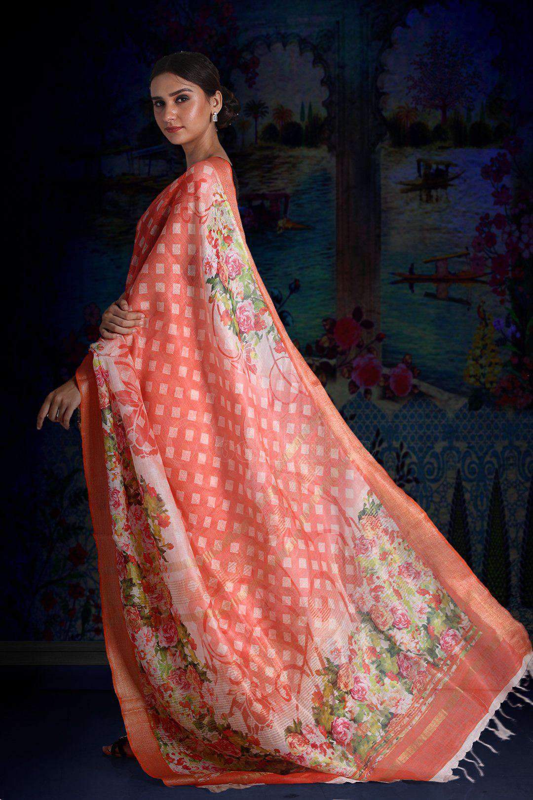 Coral Digital Printed Linen Saree With Zari Border & Pallu Earthen Collection Roopkatha - A Story of Art 