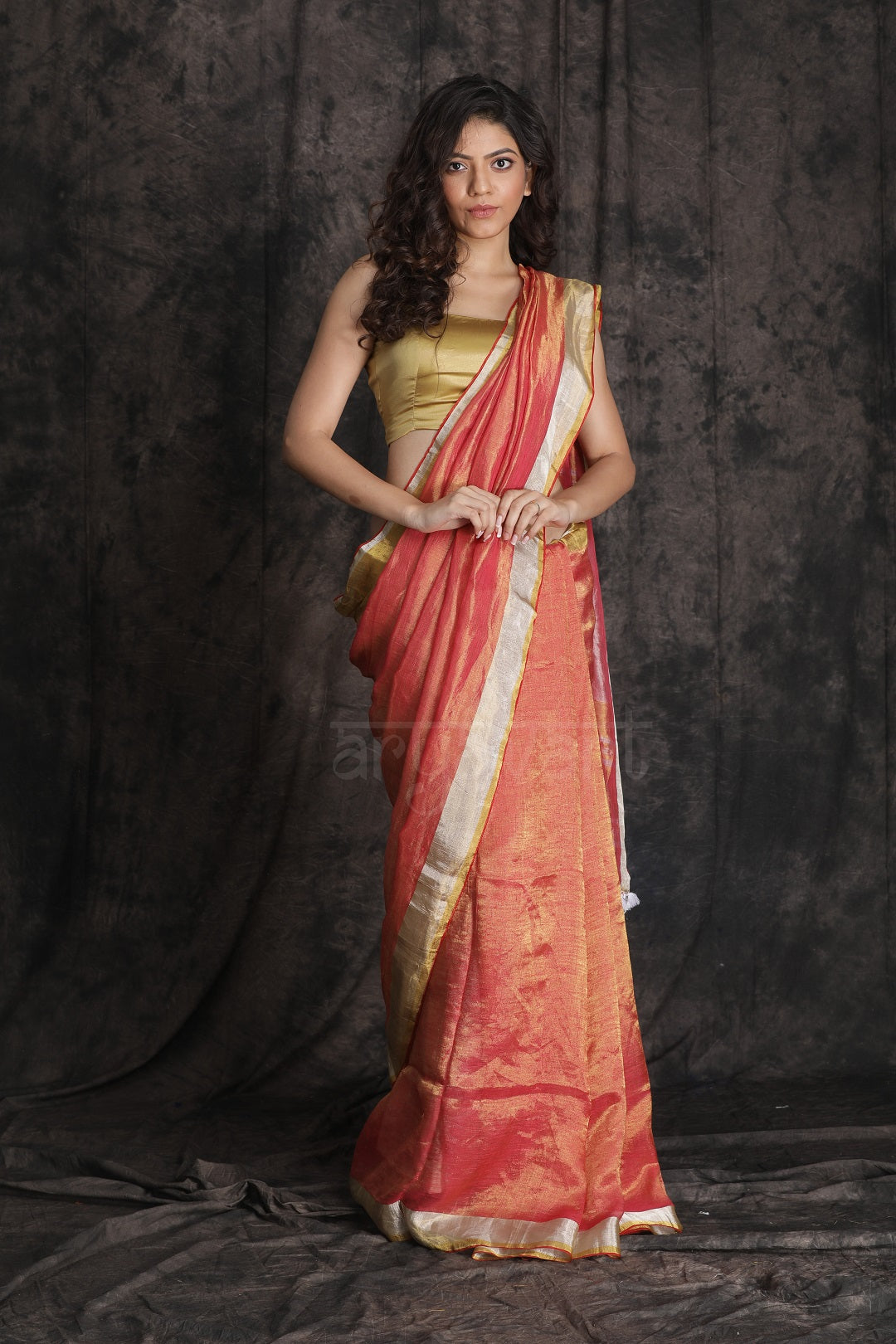 Red Tissue Linen Saree With A Striking Border