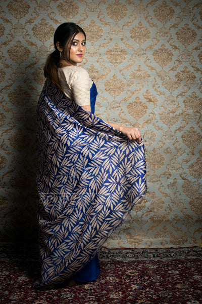 Royal Blue Tussar Silk Saree With Leaf Design Pallu