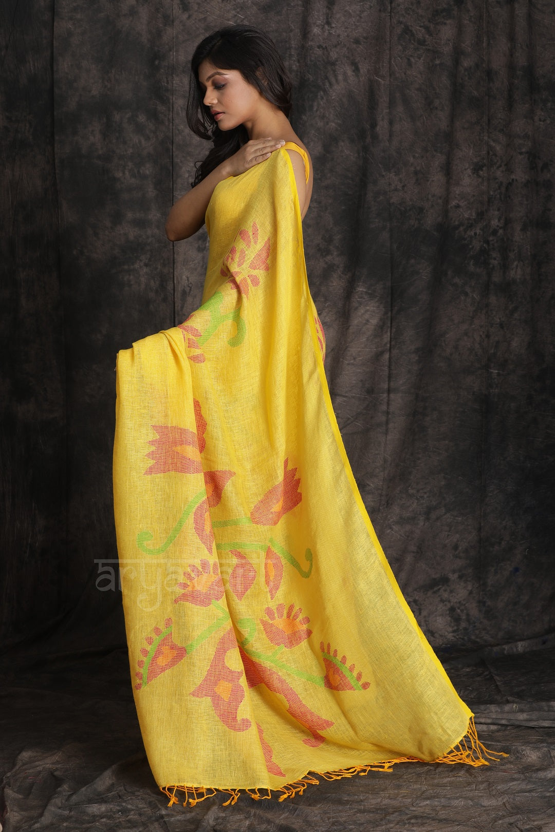 Sunflower Yellow Organic Linen Saree With Floral Jamdani Woven Design