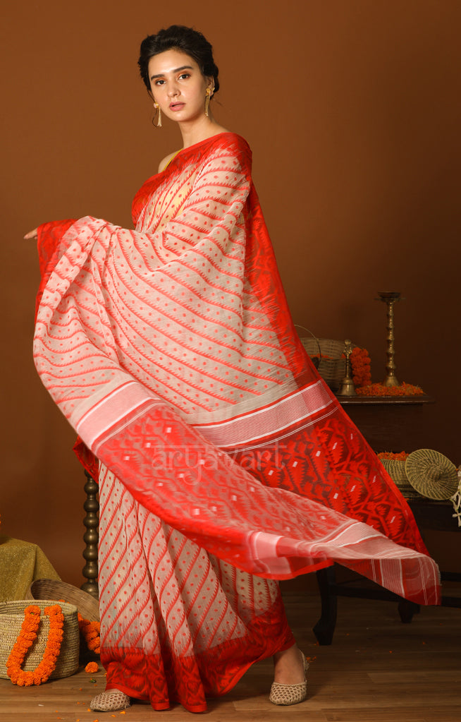 White & Red Jamdani Saree with Traditional Woven Design