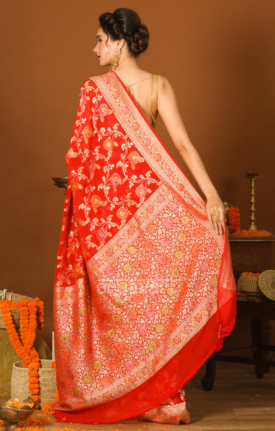 Scarlet Chiffon Saree with Zari & Minakari Floral Design