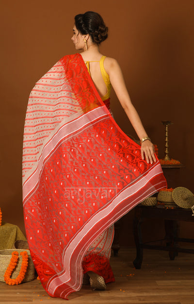 White & Red Jamdani Saree with Traditional Woven Design
