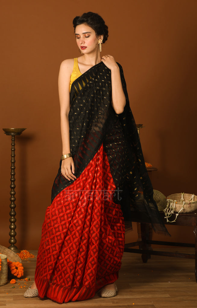 Black & Red Jamdani Saree with Geometric Woven Design & Zari Butta