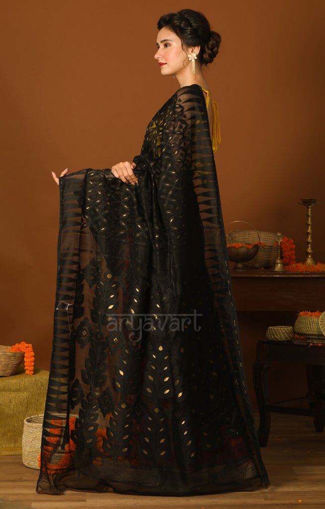 Black & Red Jamdani Saree with Geometric Woven Design & Zari Butta