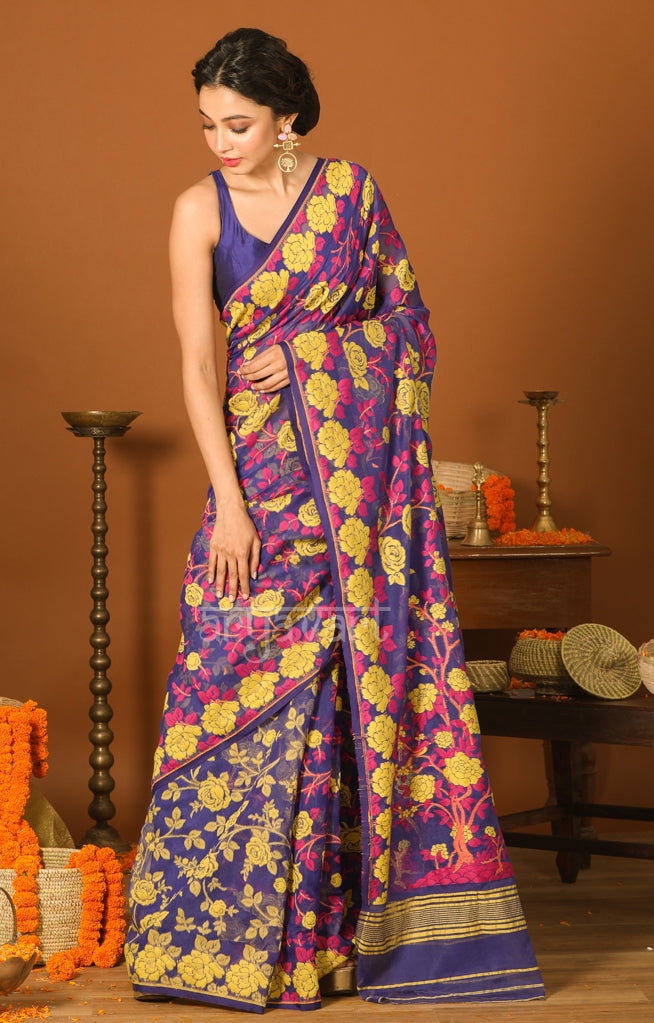 Royal Blue Jamdani Saree with Striking Yellow Woven Rose Design