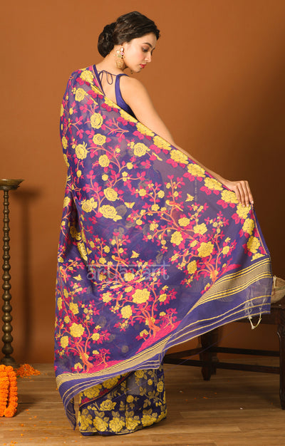 Royal Blue Jamdani Saree with Striking Yellow Woven Rose Design