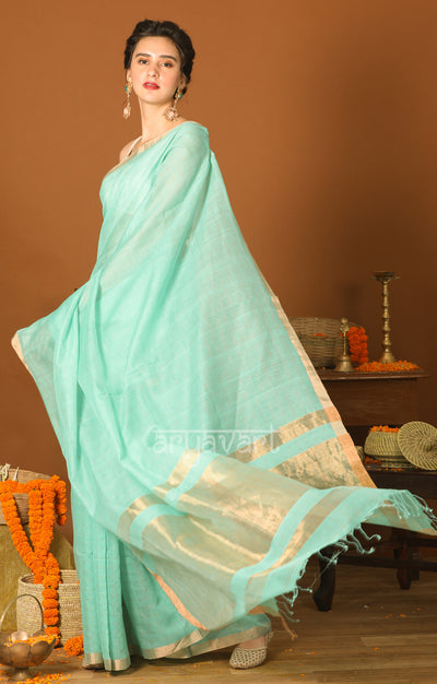 Aquamarine Blue Silk Cotton Saree with Gold Zari Checks & Pallu