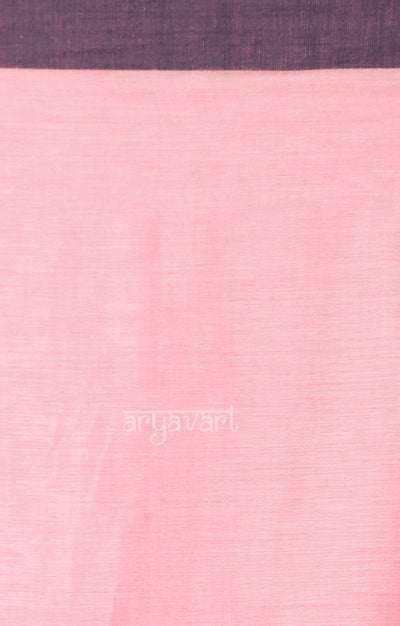 Blush Pink Cotton Saree with Navy Blue Border & Jamdani Woven Design