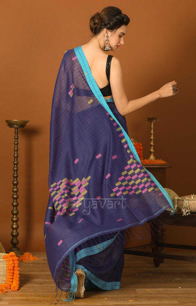 Royal Blue Cotton Saree with Geometric Woven Design