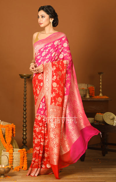 Fuchsia & Red Dual tone Chiffon Saree with Zari Floral Woven Design