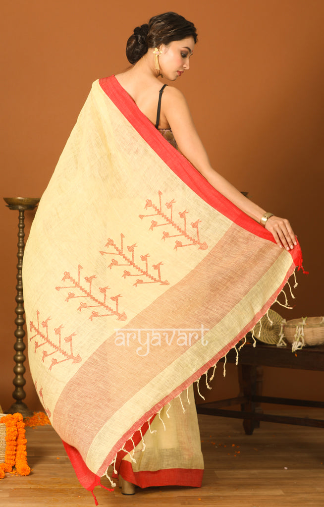 Cream Linen saree with Red Border & Jamdani Design