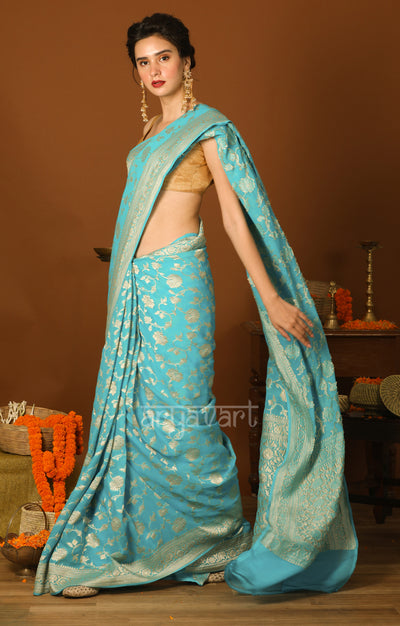 Turquoise Blue Chiffon Saree with Silver Zari Floral Weave