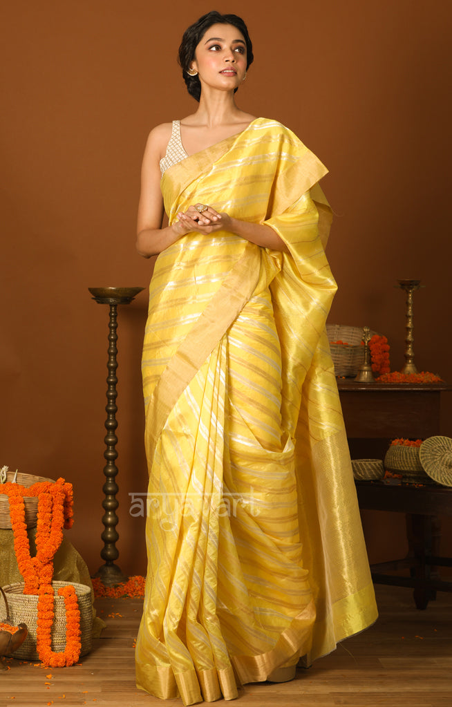 Golden Yellow Chanderi Silk Saree with Gold & Silver Zari Lehria Woven Design
