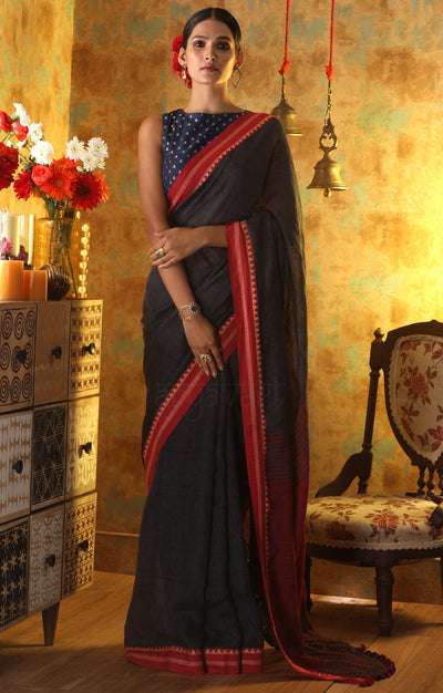 Slate Grey Linen Saree with Red Border & Woven Design