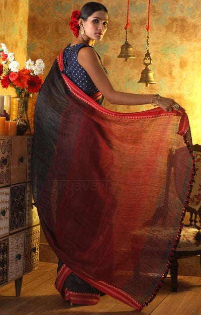 Slate Grey Linen Saree with Red Border & Woven Design