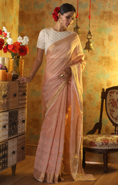 Soft Peach Chanderi Silk Saree With Horizontal Zari Stripes