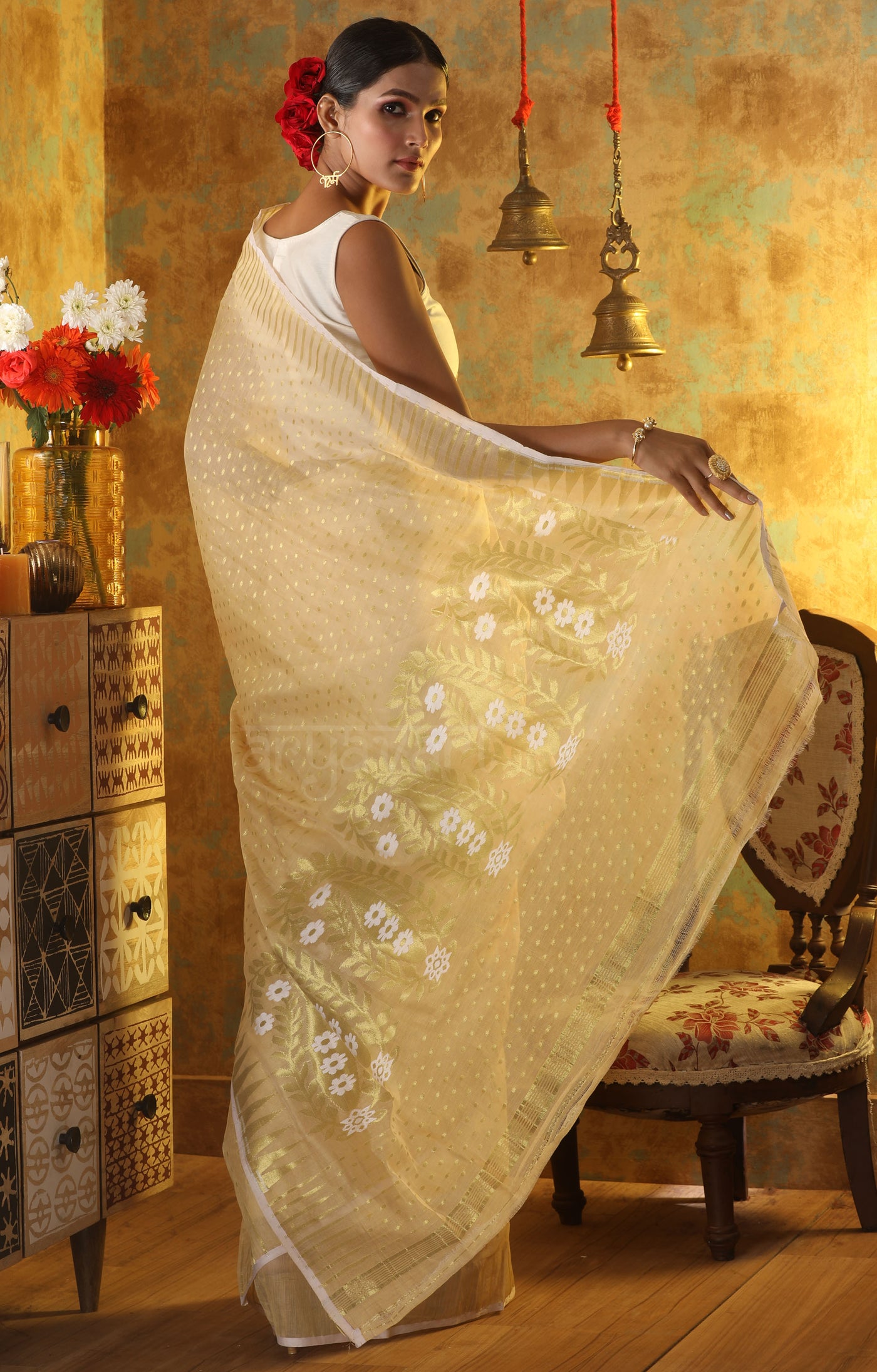 Butter Colour Jamdani Saree with Zari Buttas and Paisley Design in Pallu