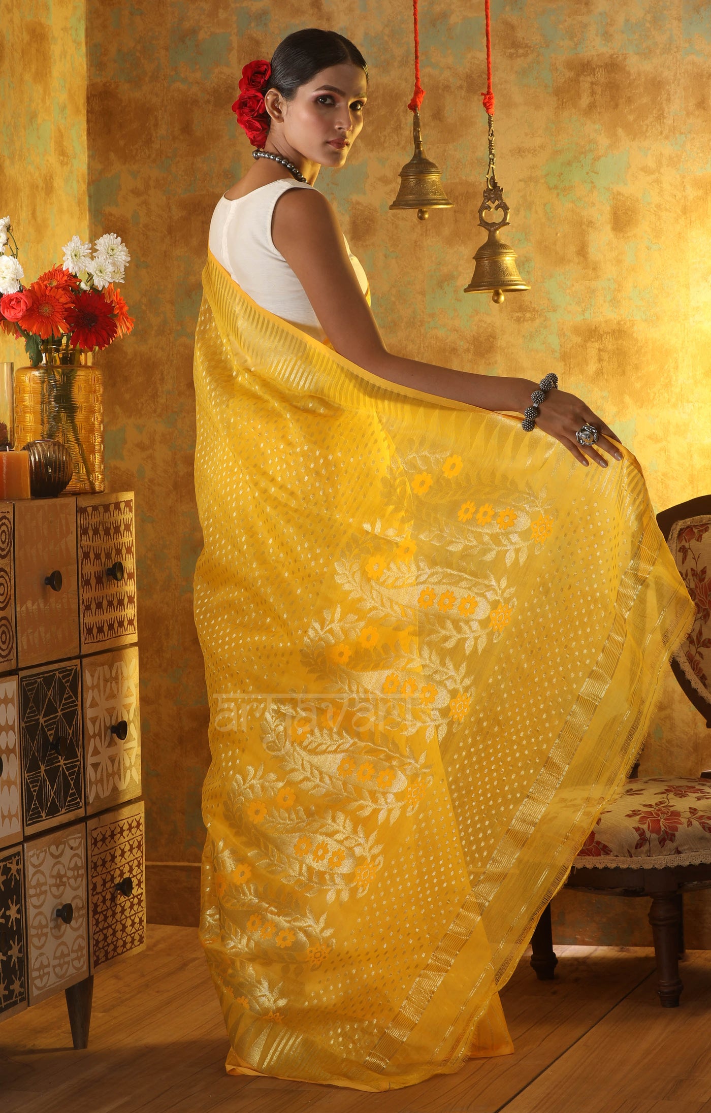 Sunshine Yellow Jamdani Saree with Zari Buttas and Paisley Design in Pallu