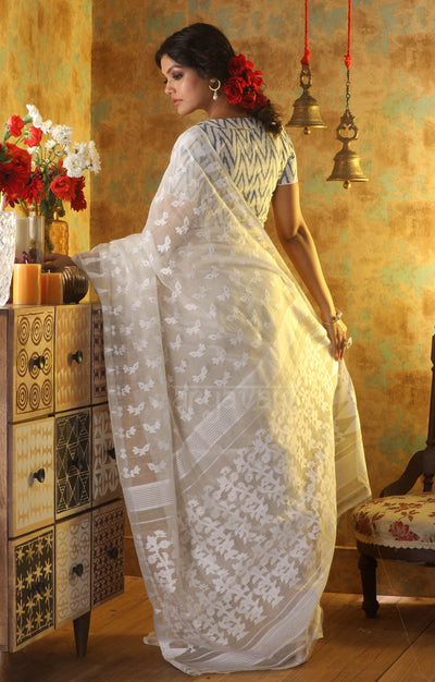 White Jamdani Saree with Thread Buttas