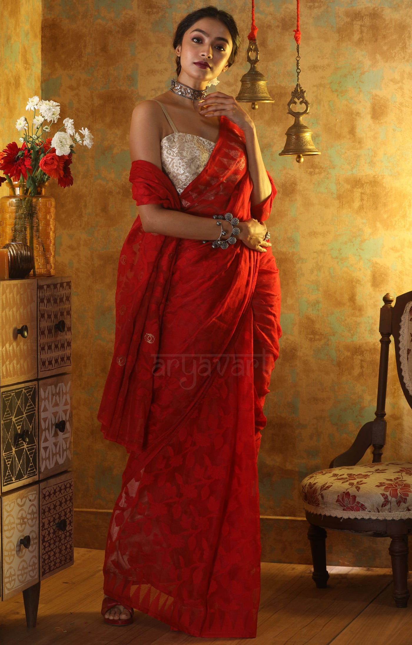 Red Jamdani Saree With Stunning Thread Vine Woven Design