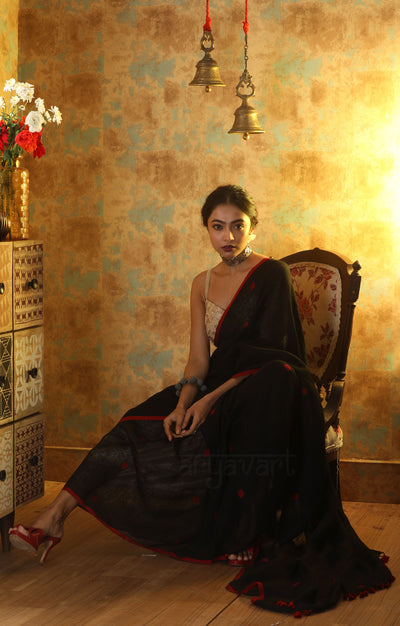 Black Linen Saree With Red Woven Cube Motifs