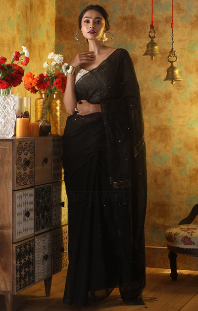 Black Blended Cotton Saree With Sequence & Woven Square Design