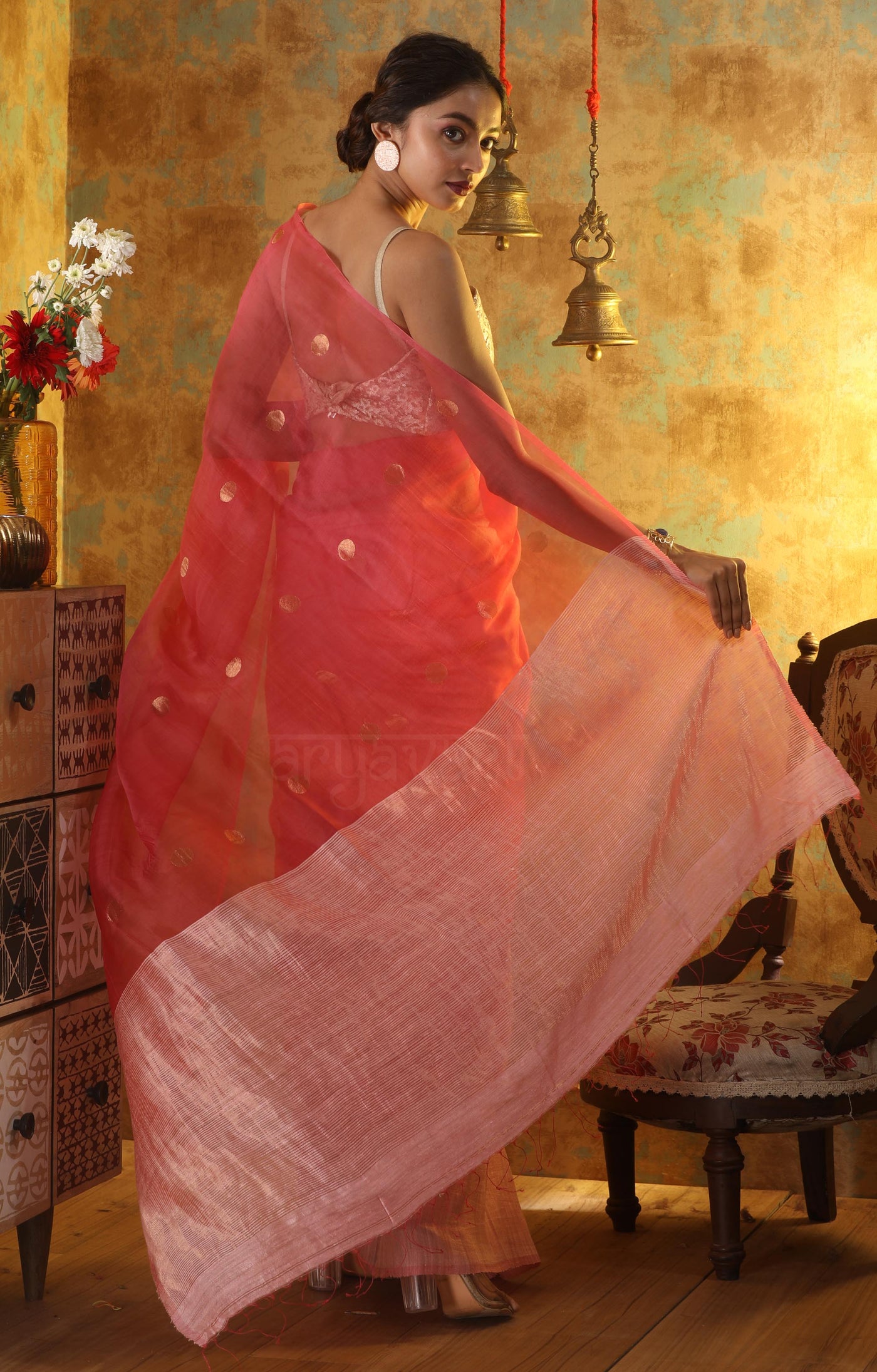 Blush Pink Matka Silk Saree With Zari Polka Dot Butta