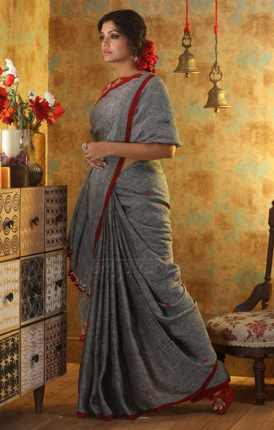 Charcoal Grey Linen Saree With Red Woven Cube Motifs