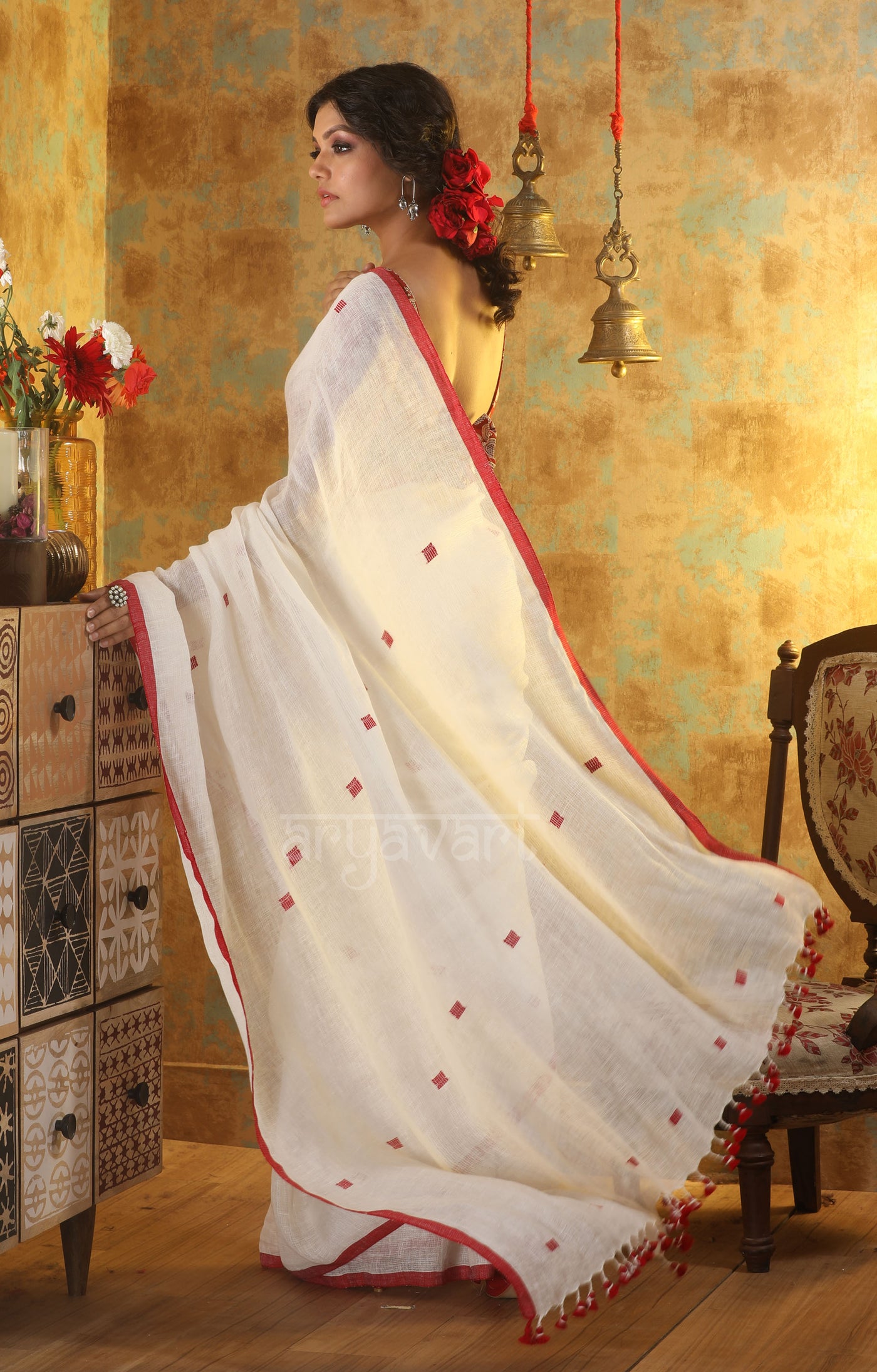 White Linen Saree With Red Woven Cube Motifs