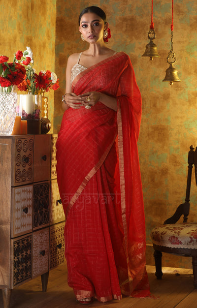 Stunning Red Cotton Saree with Gold Zari Checks & Pallu