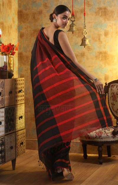 Black Cotton Saree With Red Border