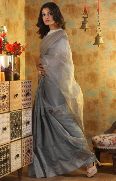 Silver Grey Silk Saree With Woven Zari Motifs