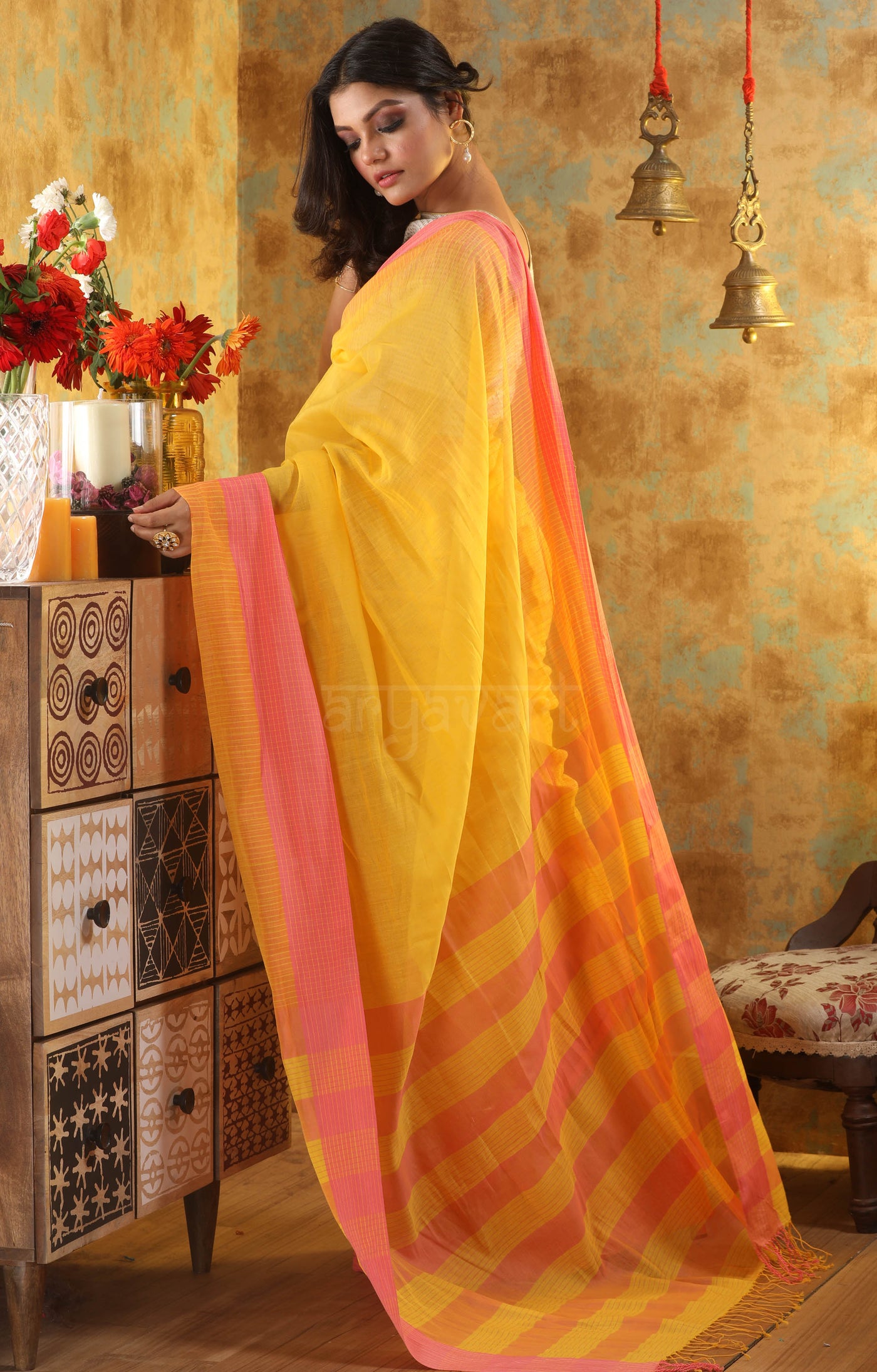 Sunflower Yellow Cotton Saree With Woven Check Design on Contrasting Pink Border