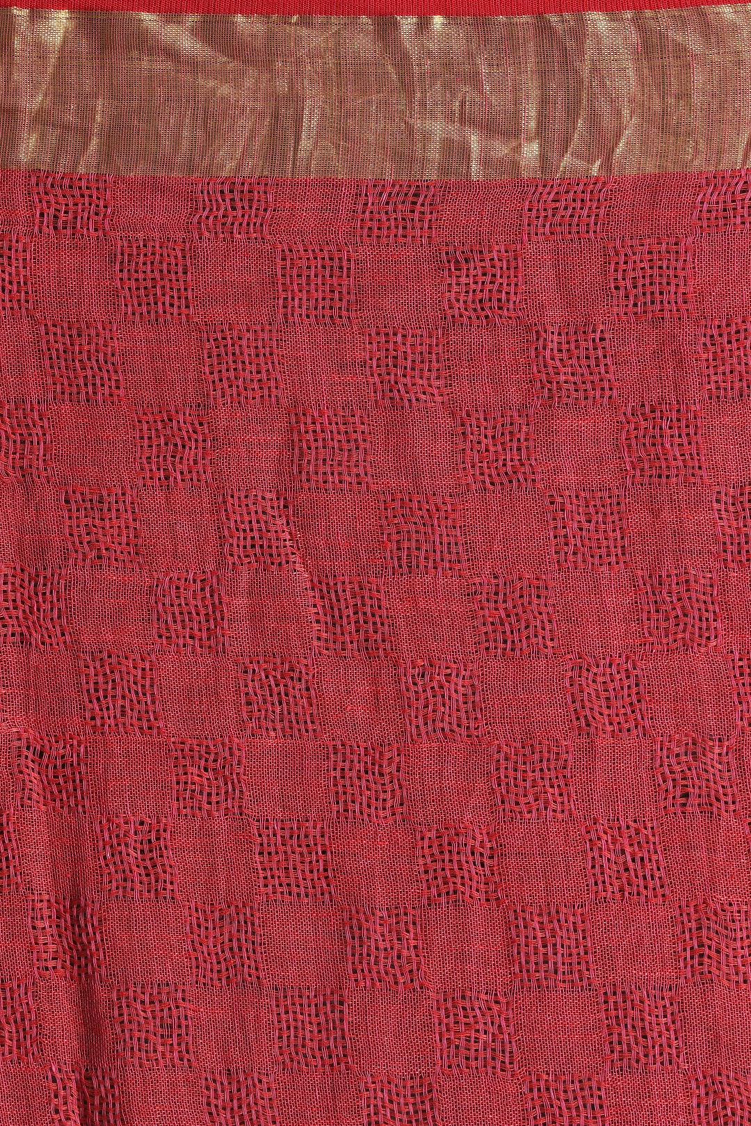 Striking Red Linen Saree With Self Woven Design and Zari Border