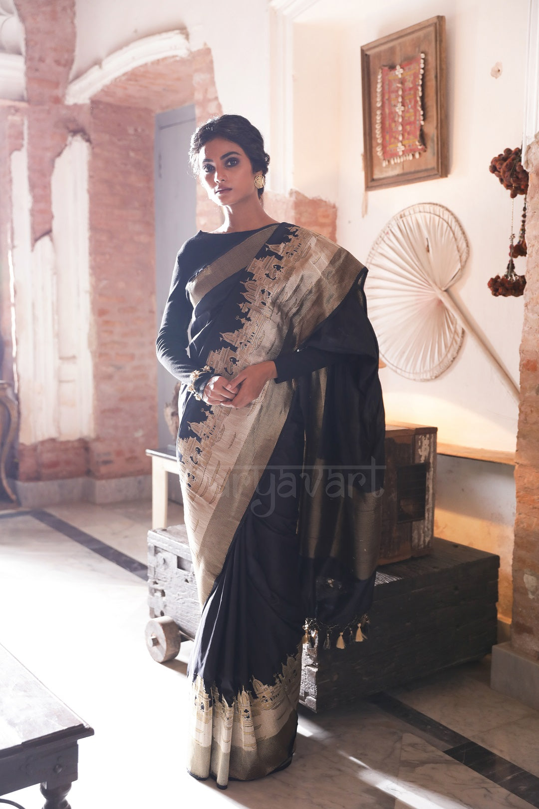 Black Katan Silk With Panorama of Banaras Woven in With Zari