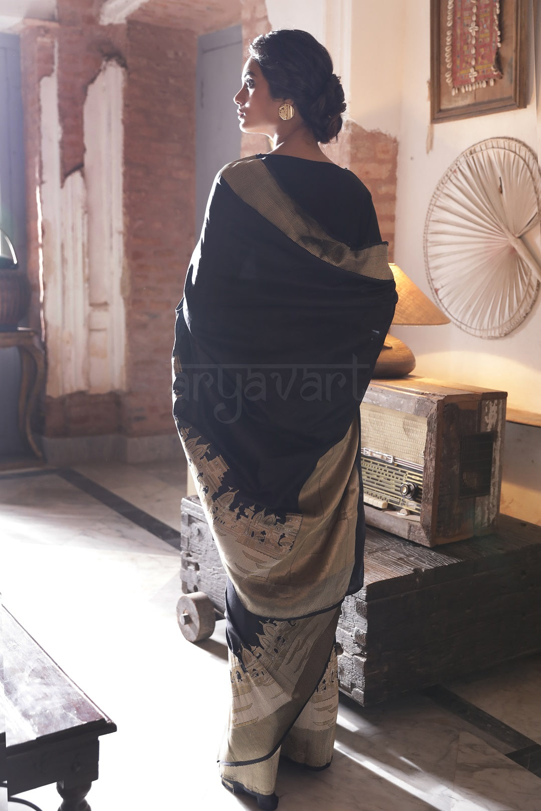Black Katan Silk With Panorama of Banaras Woven in With Zari