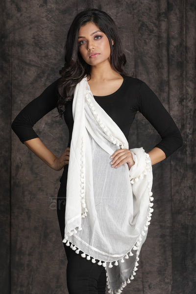 Sparkling White Stole With Pom Poms Along The Border